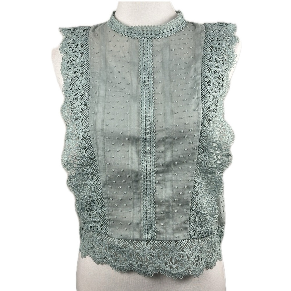 E&M Swiss Dot Crochet Lace Top Sz S Highneck Victorian Cottage Prairie Old West